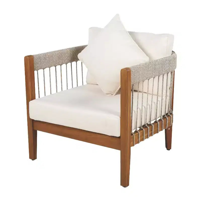 Okak Patio Accent Chairs with Handwoven Rope Frame,1 PCS,Upholstered Outdoor Armchair Acacia Club Chair for Backyard&Garden,400lbs Max