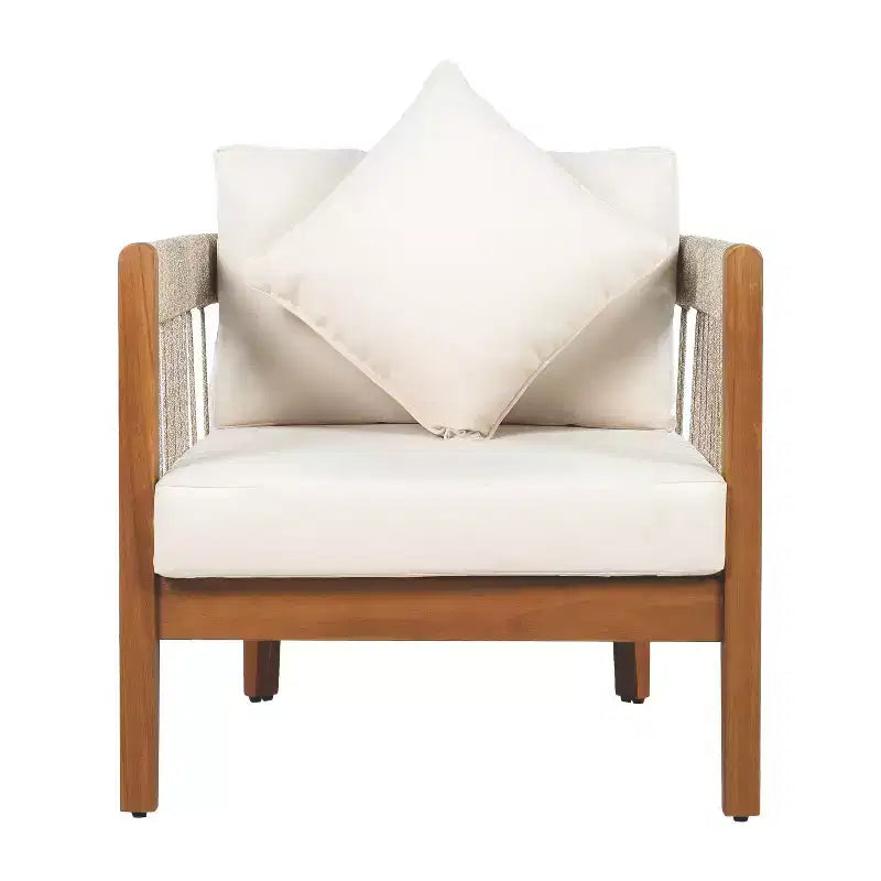 Okak Patio Accent Chairs with Handwoven Rope Frame,1 PCS,Upholstered Outdoor Armchair Acacia Club Chair for Backyard&Garden,400lbs Max