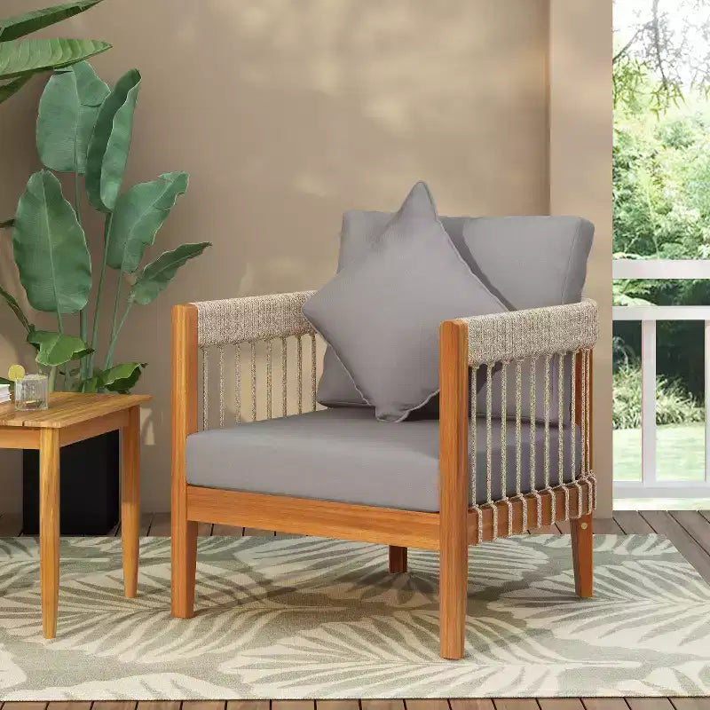 Okak Patio Accent Chairs with Handwoven Rope Frame,1 PCS,Upholstered Outdoor Armchair Acacia Club Chair for Backyard&Garden,400lbs Max