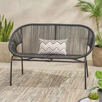 Okak Industrial PP Rattan Patio Loveseat Iron 2-Seater Accent Chair,Modern Outdoor Lounge Chair for Porch,Backyard&Garden,Patio Furniture Seating