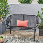 Okak Industrial PP Rattan Patio Loveseat Iron 2-Seater Accent Chair,Modern Outdoor Lounge Chair for Porch,Backyard&Garden,Patio Furniture Seating