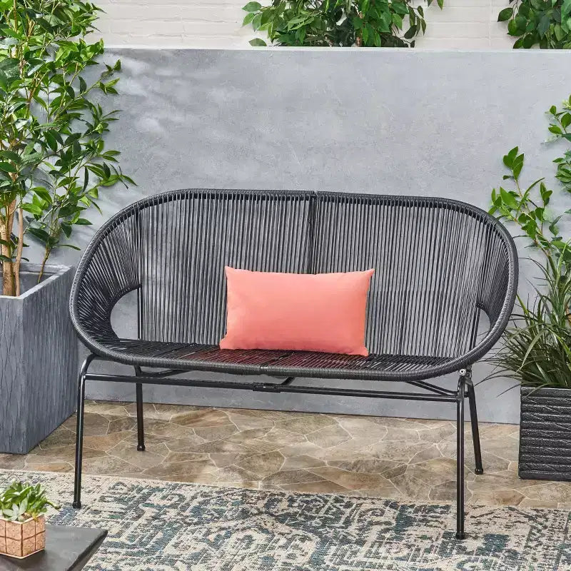 Okak Industrial PP Rattan Patio Loveseat Iron 2-Seater Accent Chair,Modern Outdoor Lounge Chair for Porch,Backyard&Garden,Patio Furniture Seating