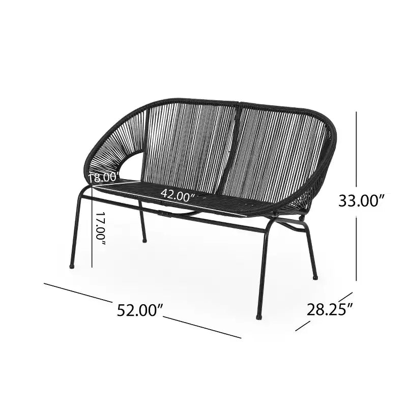 Okak Industrial PP Rattan Patio Loveseat Iron 2-Seater Accent Chair,Modern Outdoor Lounge Chair for Porch,Backyard&Garden,Patio Furniture Seating