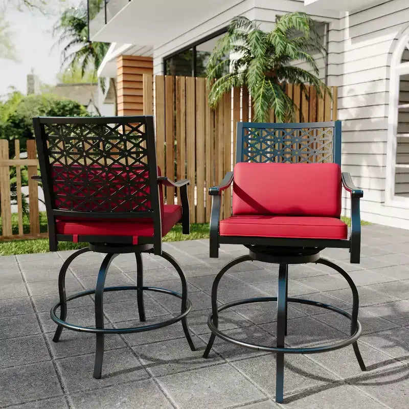 Outdoor Swivel Bar Stools Counter Height with Red Cushion, 2PCS Patio Bar Stools with Armrest & Back, Tall Outdoor Swivel BarStools for Backyard