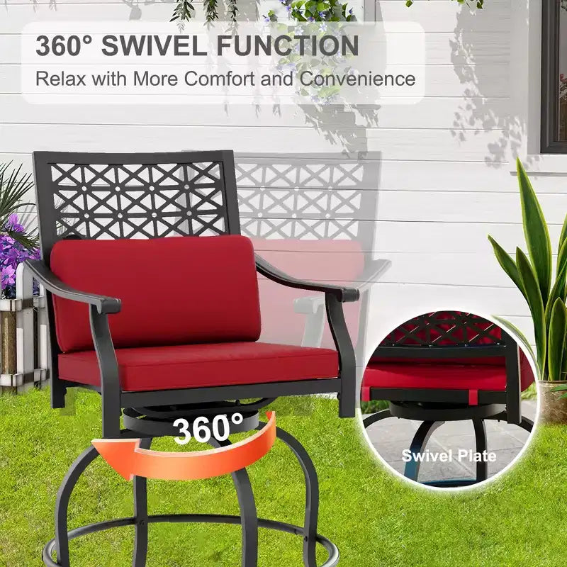 Outdoor Swivel Bar Stools Counter Height with Red Cushion, 2PCS Patio Bar Stools with Armrest & Back, Tall Outdoor Swivel BarStools for Backyard