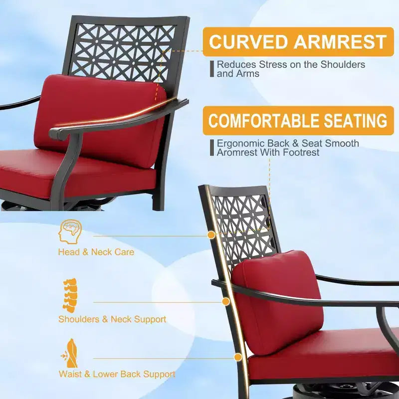 Outdoor Swivel Bar Stools Counter Height with Red Cushion, 2PCS Patio Bar Stools with Armrest & Back, Tall Outdoor Swivel BarStools for Backyard