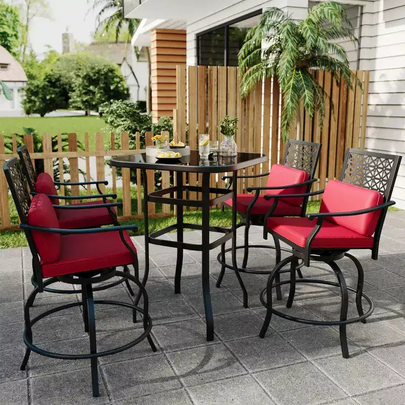 Outdoor Swivel Bar Stools Counter Height with Red Cushion, 2PCS Patio Bar Stools with Armrest & Back, Tall Outdoor Swivel BarStools for Backyard