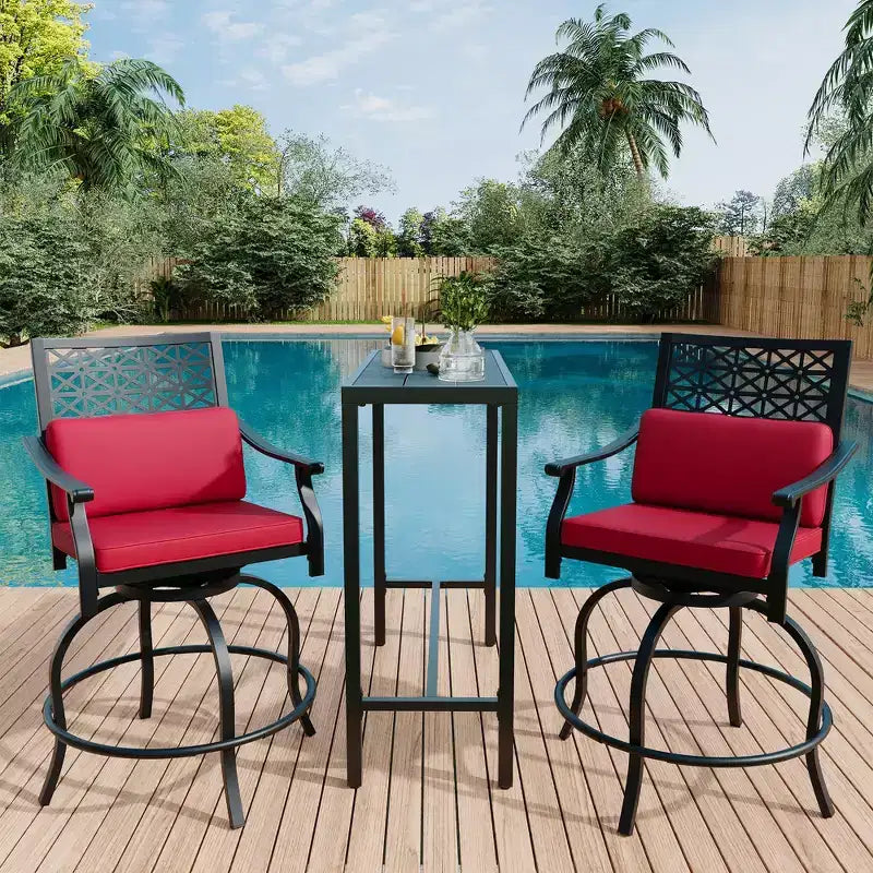 Outdoor Swivel Bar Stools Counter Height with Red Cushion, 2PCS Patio Bar Stools with Armrest & Back, Tall Outdoor Swivel BarStools for Backyard
