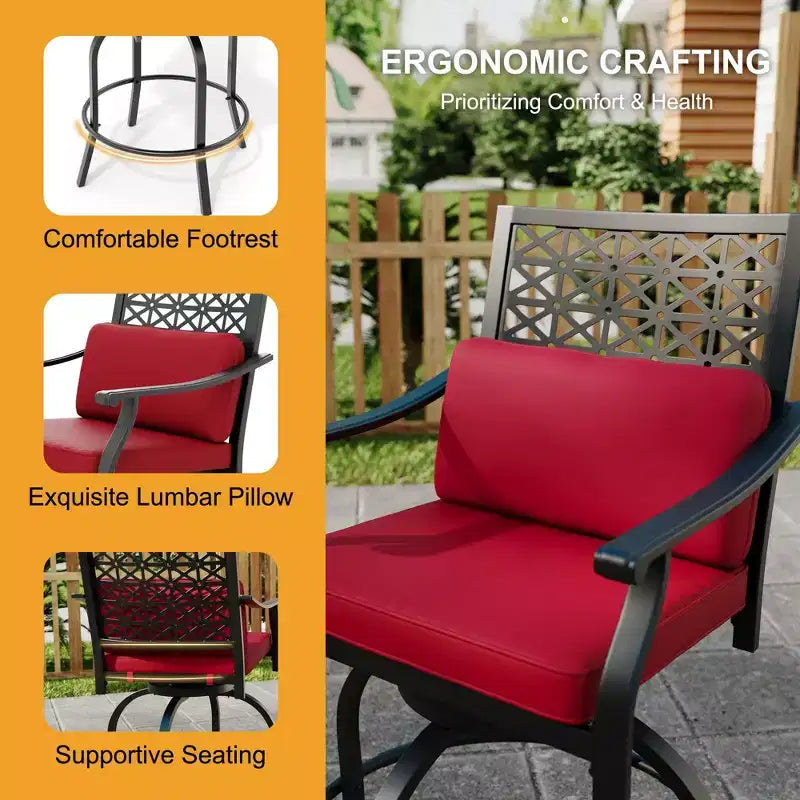 Outdoor Swivel Bar Stools Counter Height with Red Cushion, 2PCS Patio Bar Stools with Armrest & Back, Tall Outdoor Swivel BarStools for Backyard