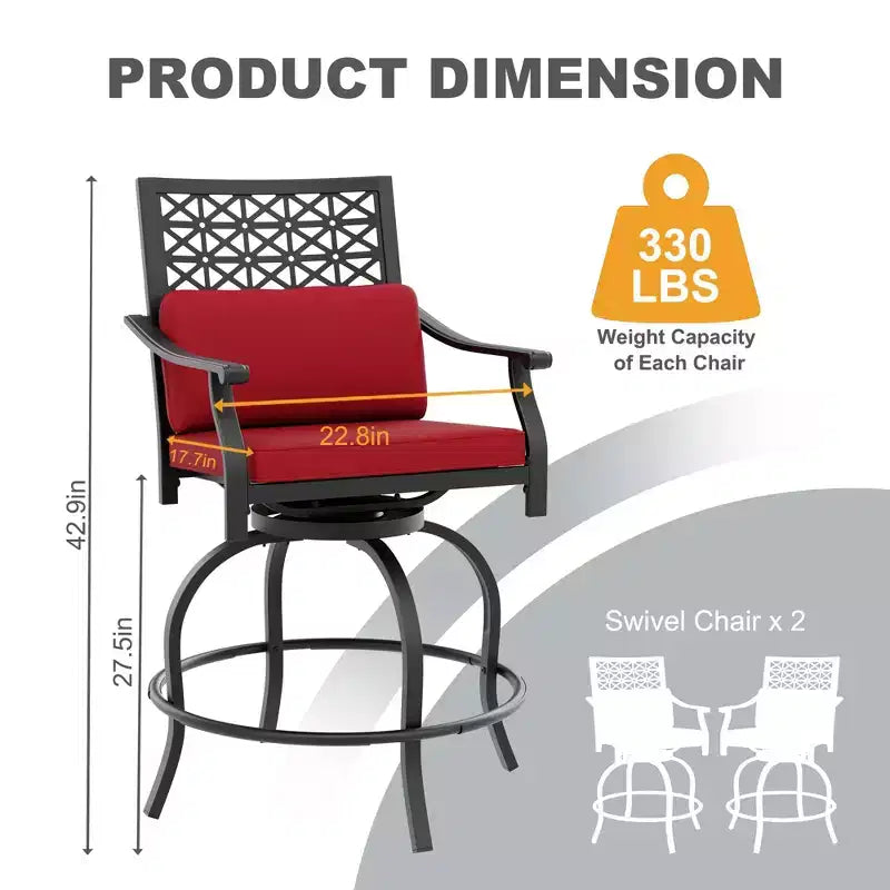 Outdoor Swivel Bar Stools Counter Height with Red Cushion, 2PCS Patio Bar Stools with Armrest & Back, Tall Outdoor Swivel BarStools for Backyard
