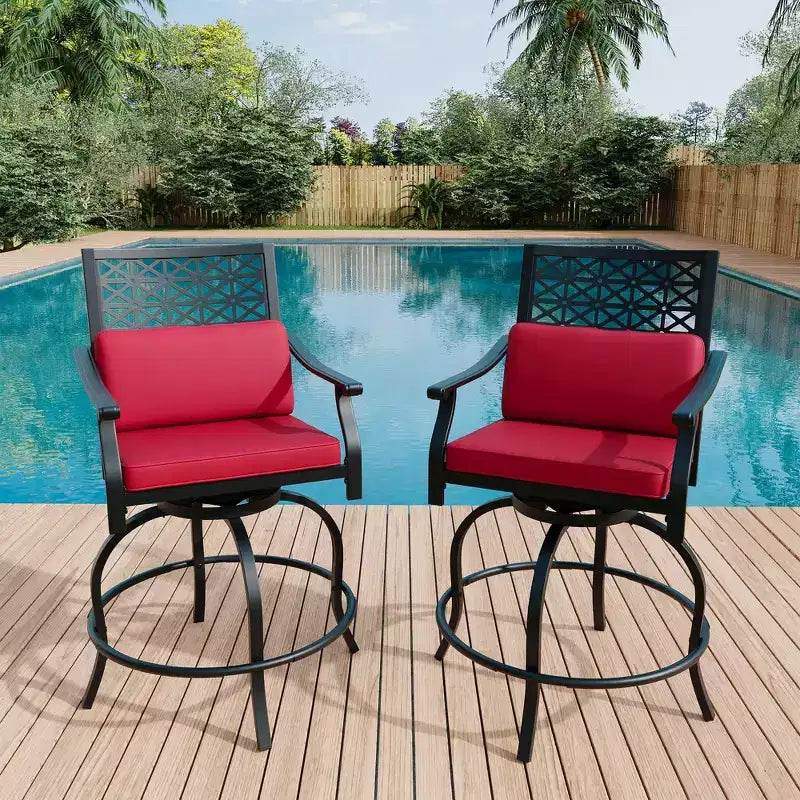 Outdoor Swivel Bar Stools Counter Height with Red Cushion, 2PCS Patio Bar Stools with Armrest & Back, Tall Outdoor Swivel BarStools for Backyard