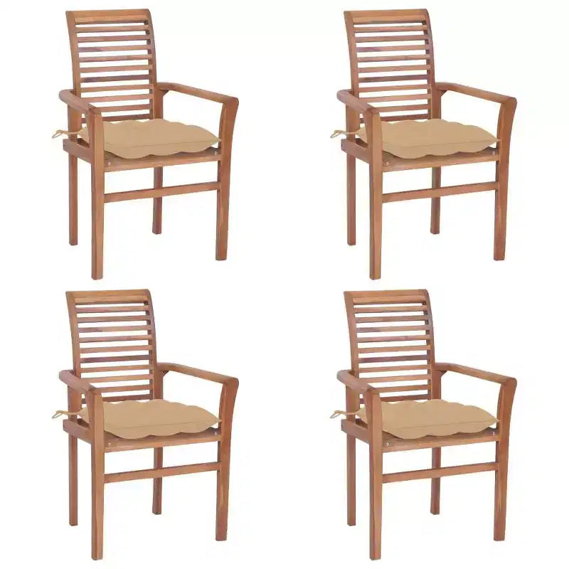 vidaXL Dining Chairs 4 pcs Set, Stackable Patio Garden Chairs with Beige Cushions, Indoor and Outdoor Furniture, Teak, Fine Sanded Waterbase Finish