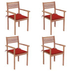 vidaXL Stackable Patio Chairs in Solid Teak Wood with Red Cushions, Outdoor Furniture Set for Gardens and Patios, Pack of 4