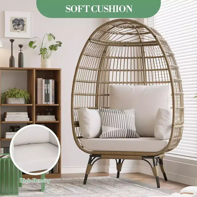 GustoWave Oversized Wicker Egg Chair with Cushions, Rattan Lounge Chair with Steel Frame for Patio, Porch, or Indoor Use