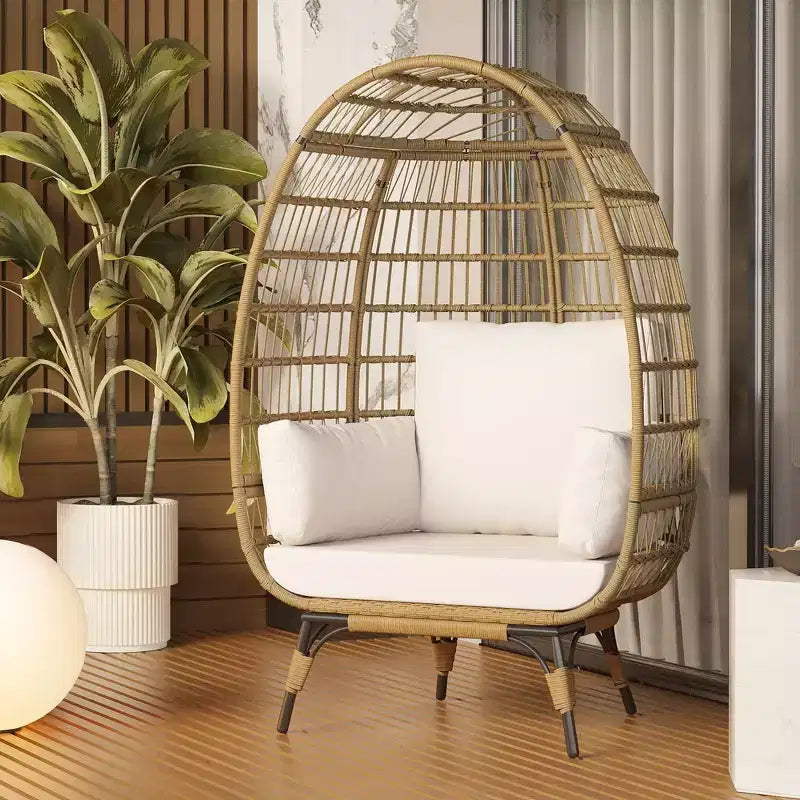 GustoWave Oversized Wicker Egg Chair with Cushions, Rattan Lounge Chair with Steel Frame for Patio, Porch, or Indoor Use