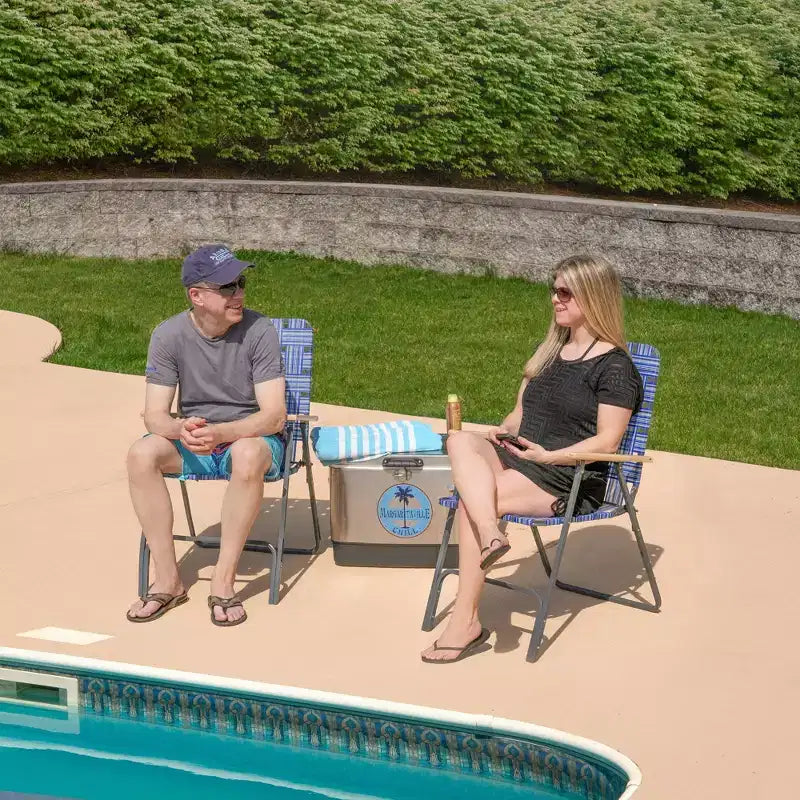 Garden Elements Grey Steel Frame Folding Grey Outdoor Patio/Camping Chair with Blue Woven Fabric and Arm Rests (Pack of 2)