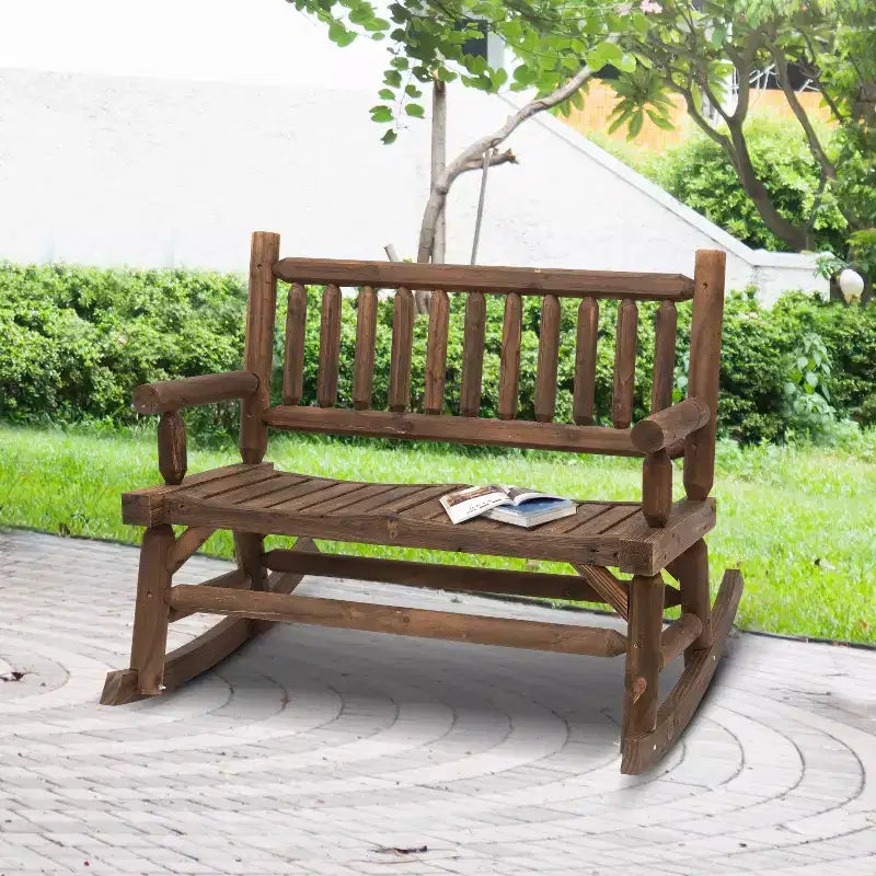 2-Person Wood Rocking Chair with Log Design, Heavy Duty Loveseat with Wide Curved Seats for Patio, Garden