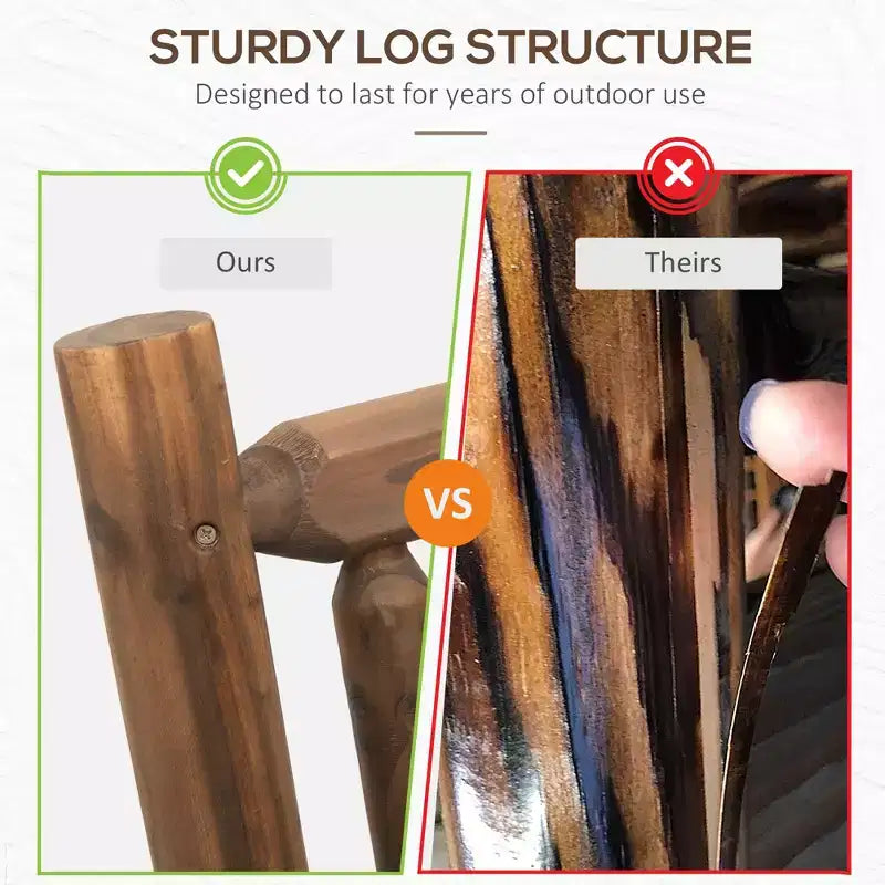 2-Person Wood Rocking Chair with Log Design, Heavy Duty Loveseat with Wide Curved Seats for Patio, Garden