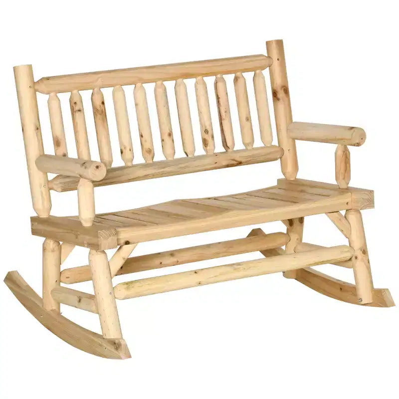 2-Person Wood Rocking Chair with Log Design, Heavy Duty Loveseat with Wide Curved Seats for Patio, Garden