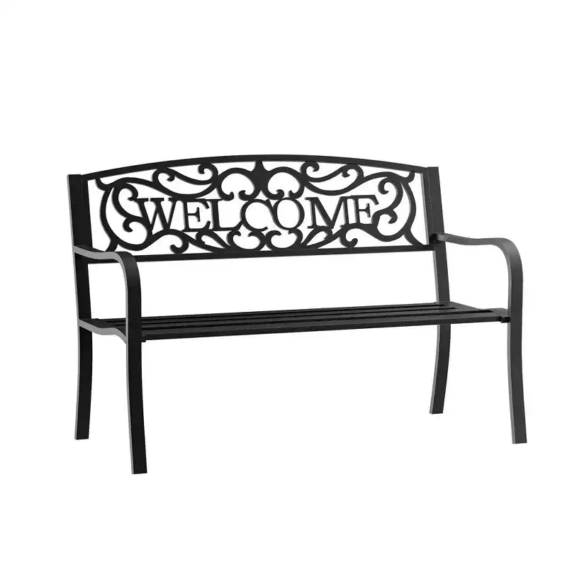 50 2-Person Garden Bench Loveseat with Cast Iron Decorative Welcome Vines, Outdoor Patio Bench for Backyard, Porch, Entryway