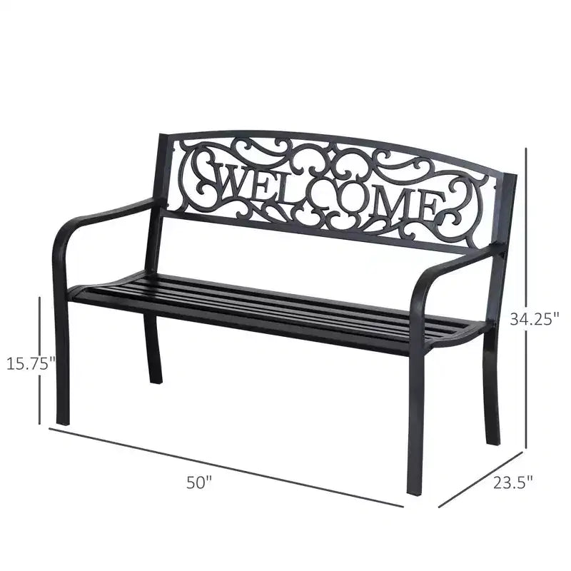 50 2-Person Garden Bench Loveseat with Cast Iron Decorative Welcome Vines, Outdoor Patio Bench for Backyard, Porch, Entryway