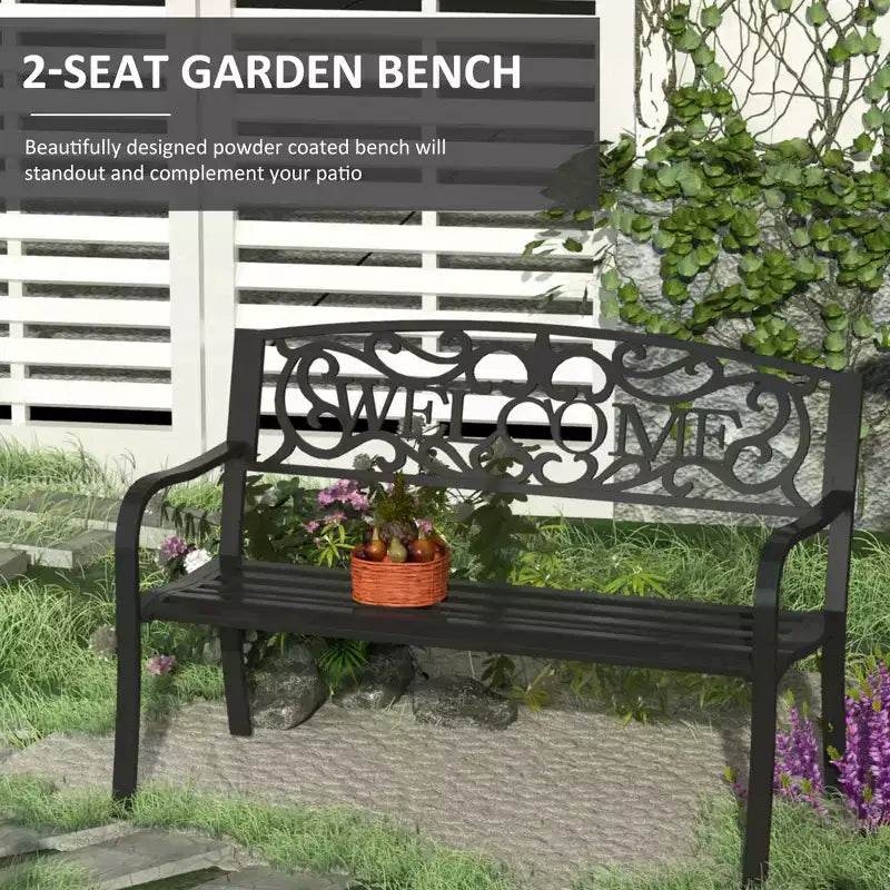 50 2-Person Garden Bench Loveseat with Cast Iron Decorative Welcome Vines, Outdoor Patio Bench for Backyard, Porch, Entryway