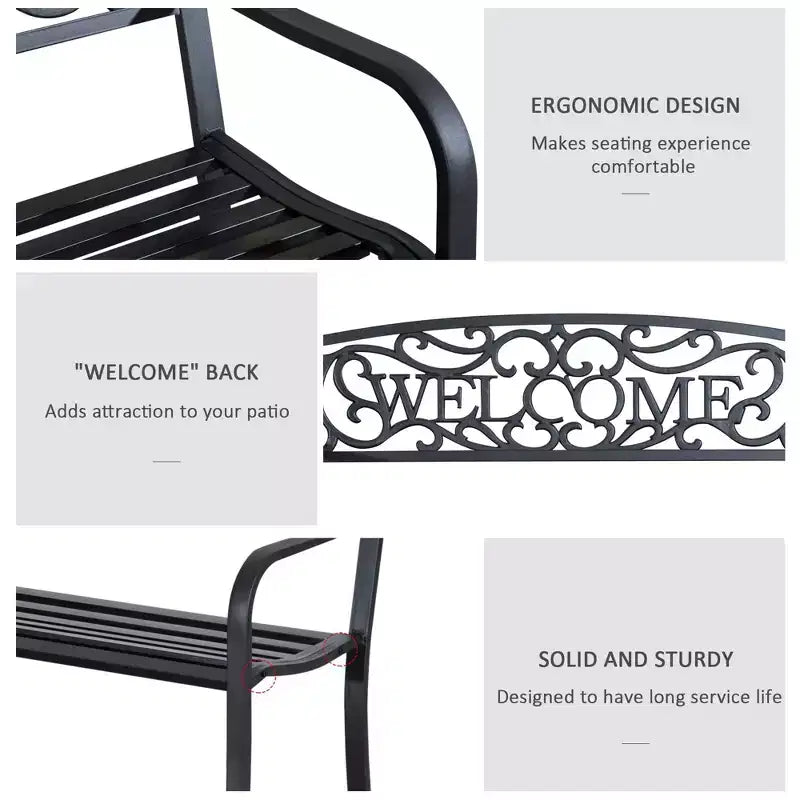 50 2-Person Garden Bench Loveseat with Cast Iron Decorative Welcome Vines, Outdoor Patio Bench for Backyard, Porch, Entryway