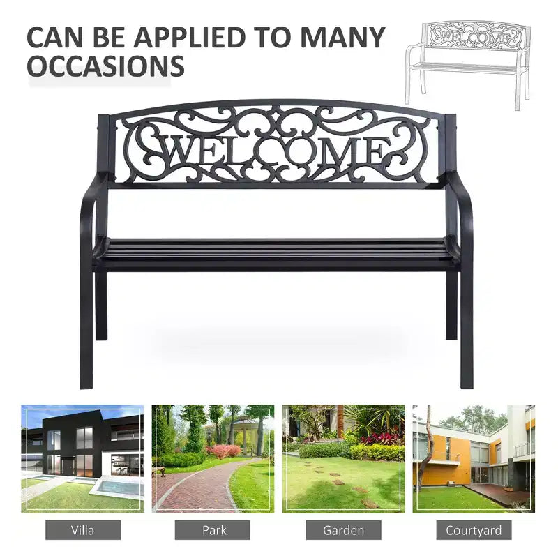 50 2-Person Garden Bench Loveseat with Cast Iron Decorative Welcome Vines, Outdoor Patio Bench for Backyard, Porch, Entryway