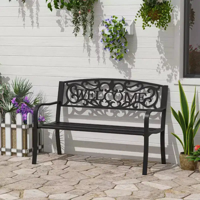 50 2-Person Garden Bench Loveseat with Cast Iron Decorative Welcome Vines, Outdoor Patio Bench for Backyard, Porch, Entryway