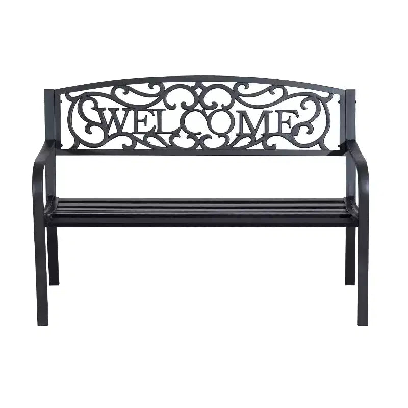 50 2-Person Garden Bench Loveseat with Cast Iron Decorative Welcome Vines, Outdoor Patio Bench for Backyard, Porch, Entryway