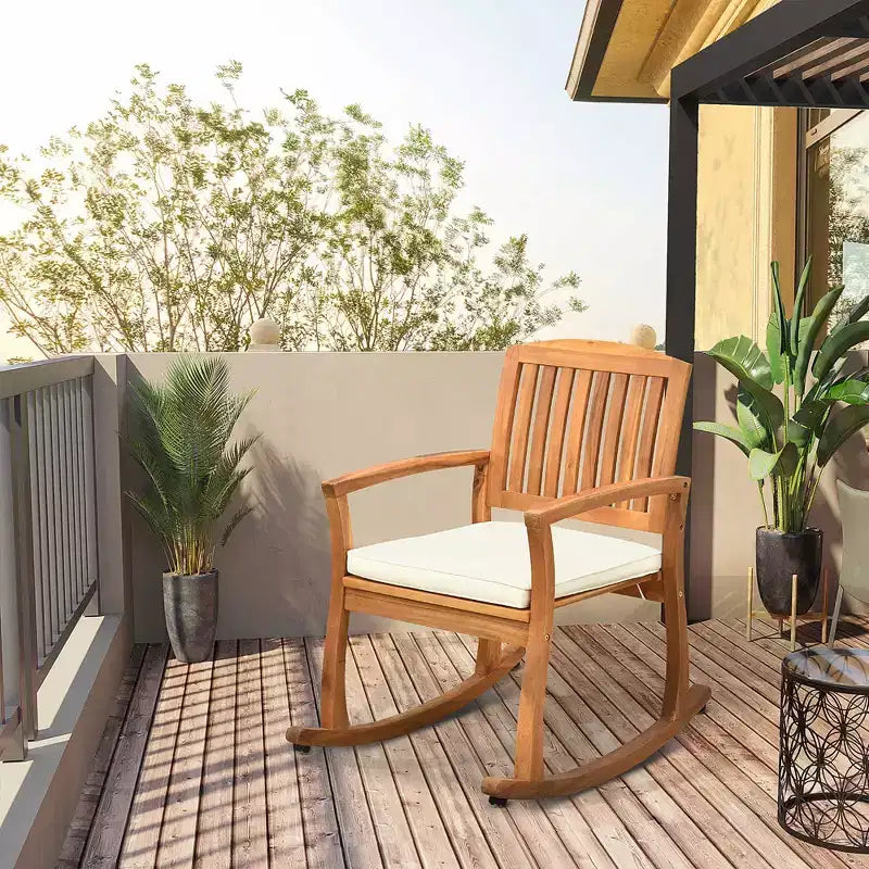 Outdoor Rocking Chair with Cushion, Acacia Wood Patio Rocker for Backyard, Patio, Home
