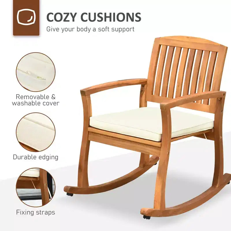 Outdoor Rocking Chair with Cushion, Acacia Wood Patio Rocker for Backyard, Patio, Home