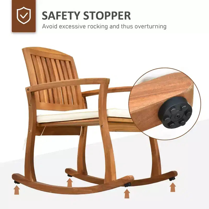 Outdoor Rocking Chair with Cushion, Acacia Wood Patio Rocker for Backyard, Patio, Home