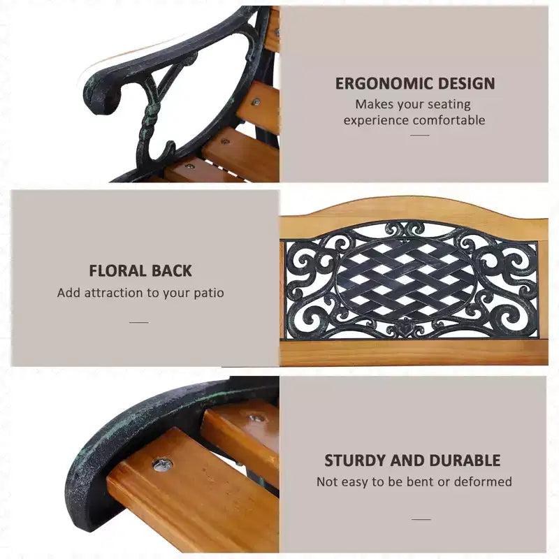 50 Outdoor Garden Bench, Park Patio Bench Loveseat & Metal Frame with Plastic Flourish Backrest