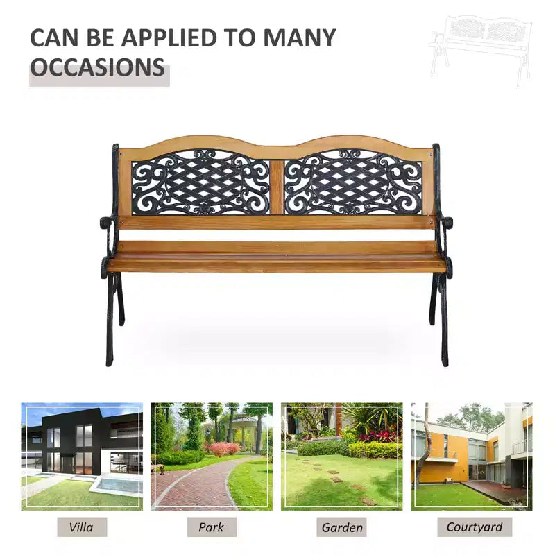 50 Outdoor Garden Bench, Park Patio Bench Loveseat & Metal Frame with Plastic Flourish Backrest