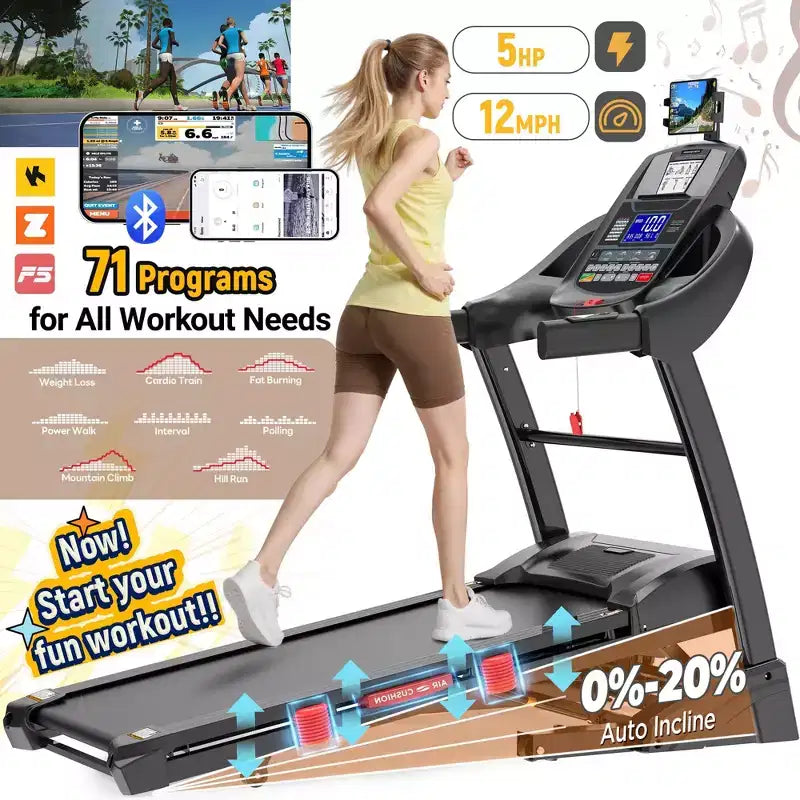 Folding Treadmill for Home, 5HP Motor, 20% Auto Incline, 12MPH, 71 Programs, Bluetooth APP, Shock-Absorbing Deck, 300LB Capacity, Knee Strap Gift