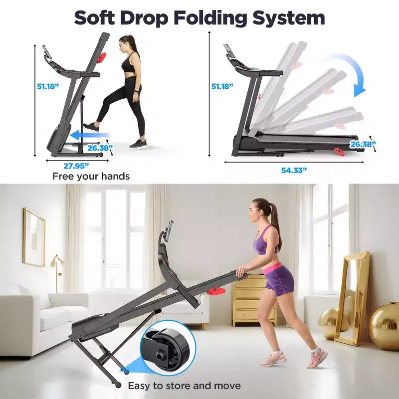 Folding Treadmill for Home with 3.0HP Motor, 300LB Capacity, 3-Level Incline, 7.5MPH Speed, 64 Programs, APP Control, Bluetooth, Free Knee Strap