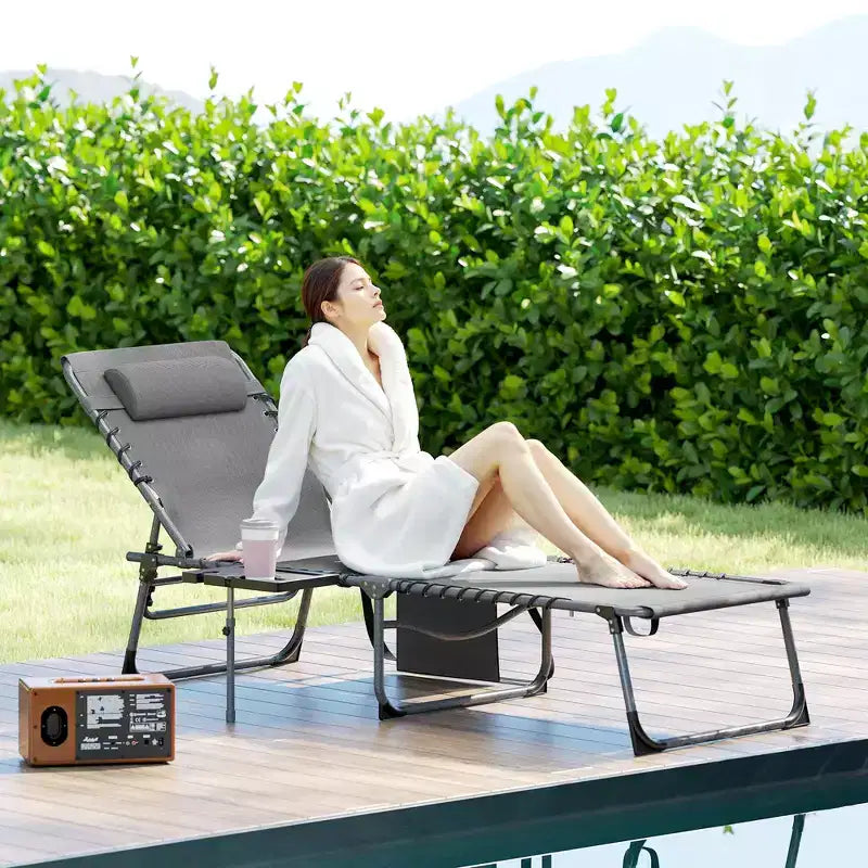 Folding Outdoor Chaise Lounge Chair Tanning Chair with 5-Level Adjustable Back, Side Table, Pillow, Pocket