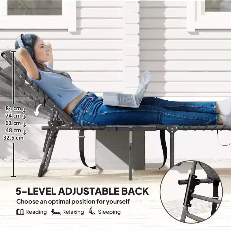 Folding Outdoor Chaise Lounge Chair Tanning Chair with 5-Level Adjustable Back, Side Table, Pillow, Pocket