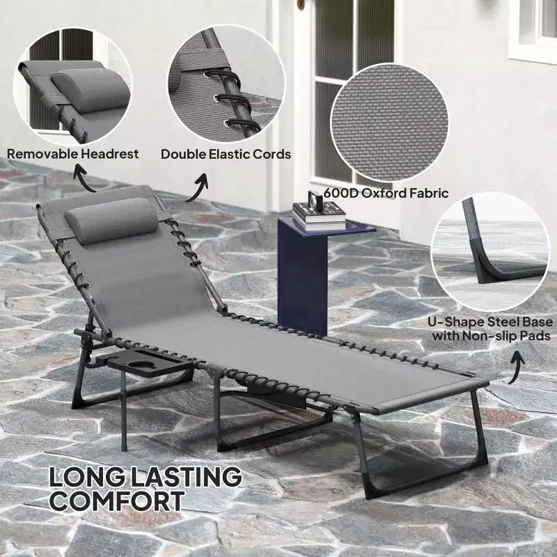 Folding Outdoor Chaise Lounge Chair Tanning Chair with 5-Level Adjustable Back, Side Table, Pillow, Pocket