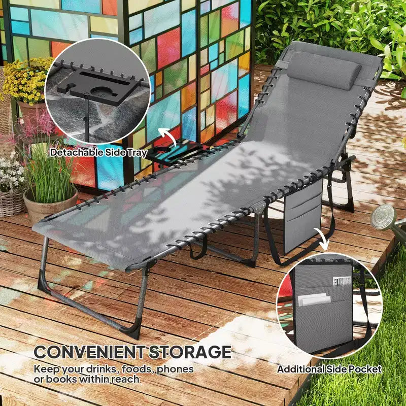 Folding Outdoor Chaise Lounge Chair Tanning Chair with 5-Level Adjustable Back, Side Table, Pillow, Pocket