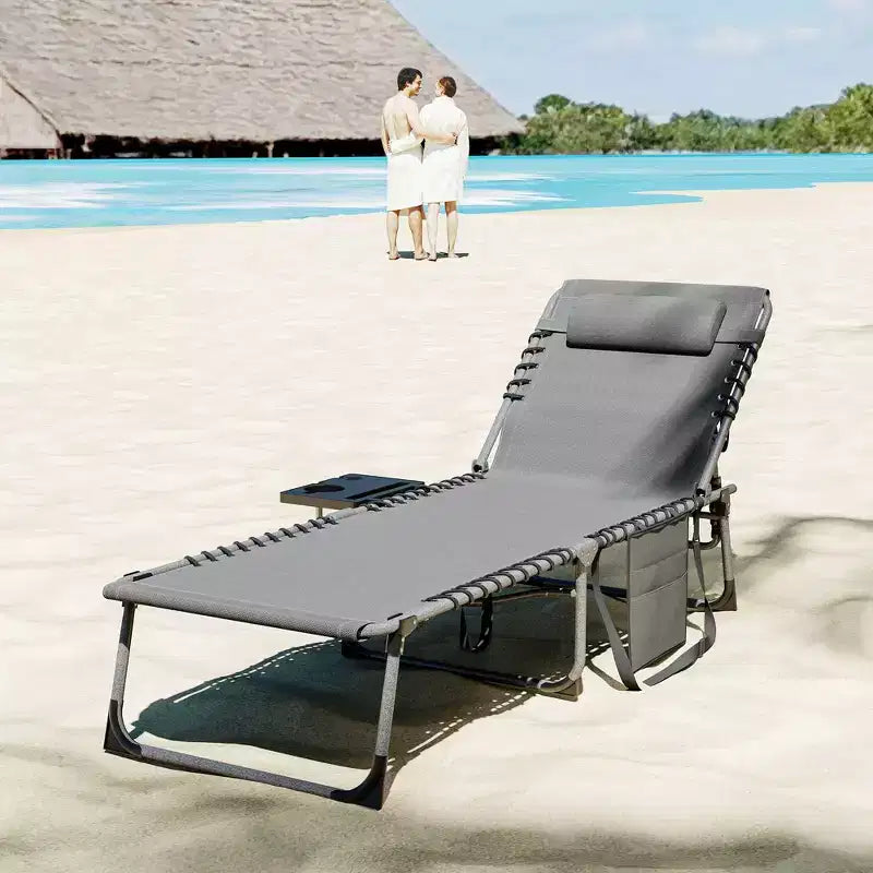 Folding Outdoor Chaise Lounge Chair Tanning Chair with 5-Level Adjustable Back, Side Table, Pillow, Pocket