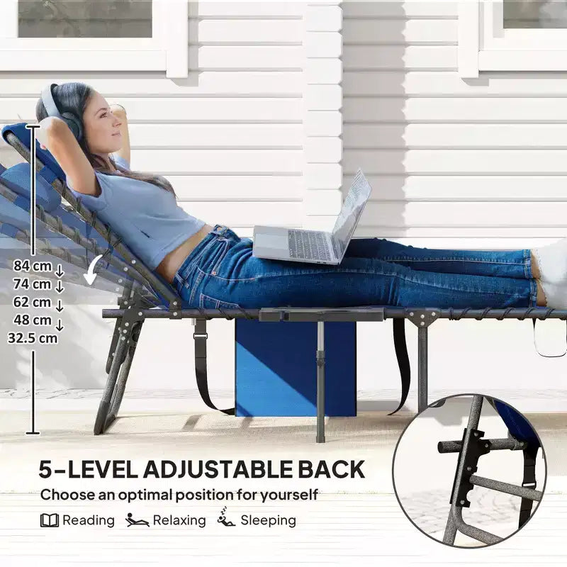 Folding Outdoor Chaise Lounge Chair Tanning Chair with 5-Level Adjustable Back, Side Table, Pillow, Pocket