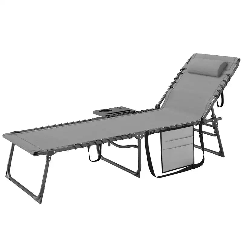 Folding Outdoor Chaise Lounge Chair Tanning Chair with 5-Level Adjustable Back, Side Table, Pillow, Pocket