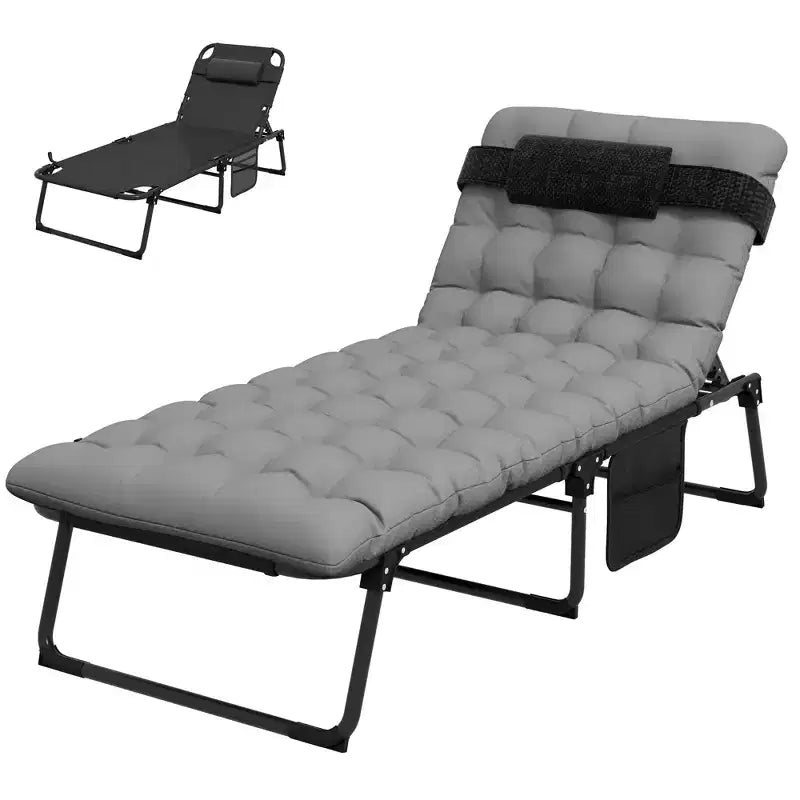 Outdoor Folding Chaise Lounge Chair with 4-Position Adjustable Backrest, Magazine Pocket, Removable Head Pillow