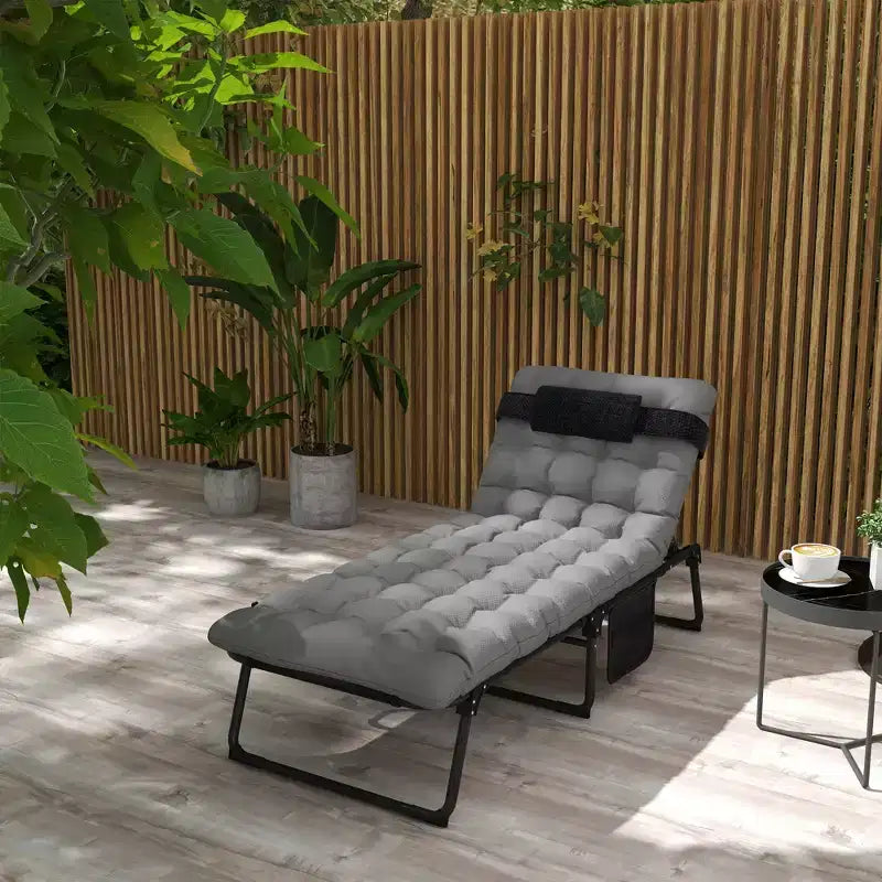 Outdoor Folding Chaise Lounge Chair with 4-Position Adjustable Backrest, Magazine Pocket, Removable Head Pillow