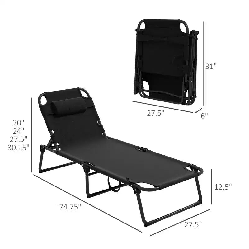 Outdoor Folding Chaise Lounge Chair with 4-Position Adjustable Backrest, Magazine Pocket, Removable Head Pillow