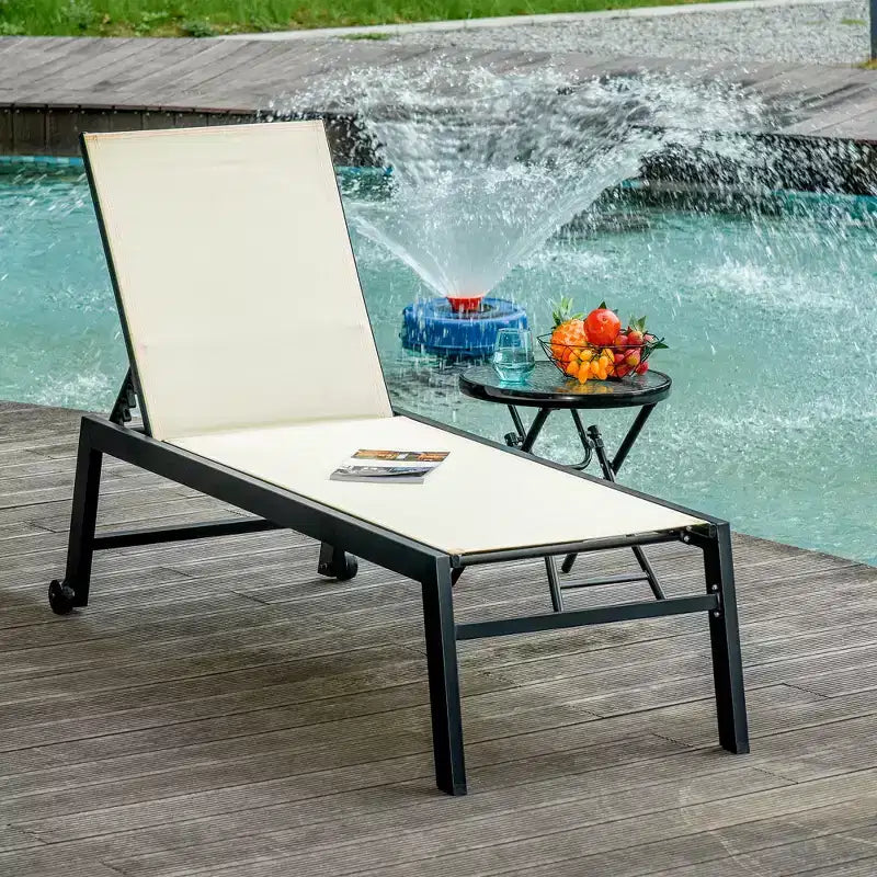 Outdoor Chaise Lounge with Wheels, Five Position Recliner for Sunbathing, Suntanning, Steel Frame, Breathable Fabric for Beach, Patio