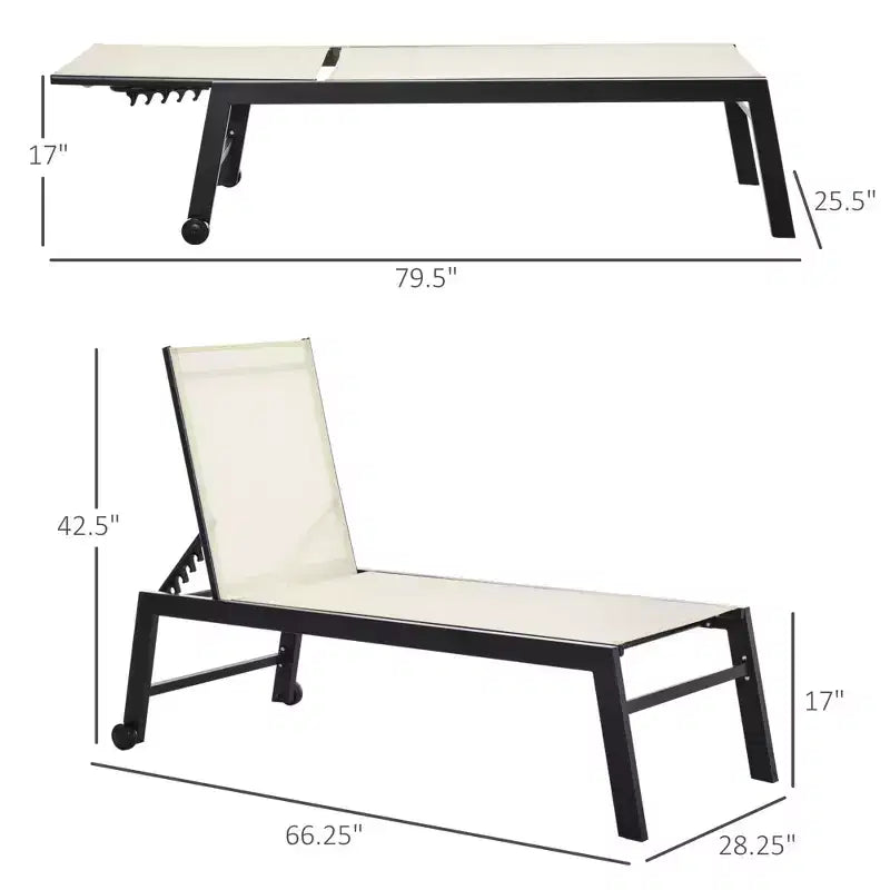 Outdoor Chaise Lounge with Wheels, Five Position Recliner for Sunbathing, Suntanning, Steel Frame, Breathable Fabric for Beach, Patio