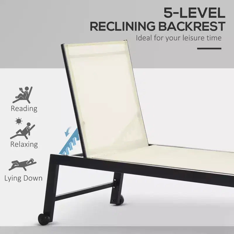 Outdoor Chaise Lounge with Wheels, Five Position Recliner for Sunbathing, Suntanning, Steel Frame, Breathable Fabric for Beach, Patio